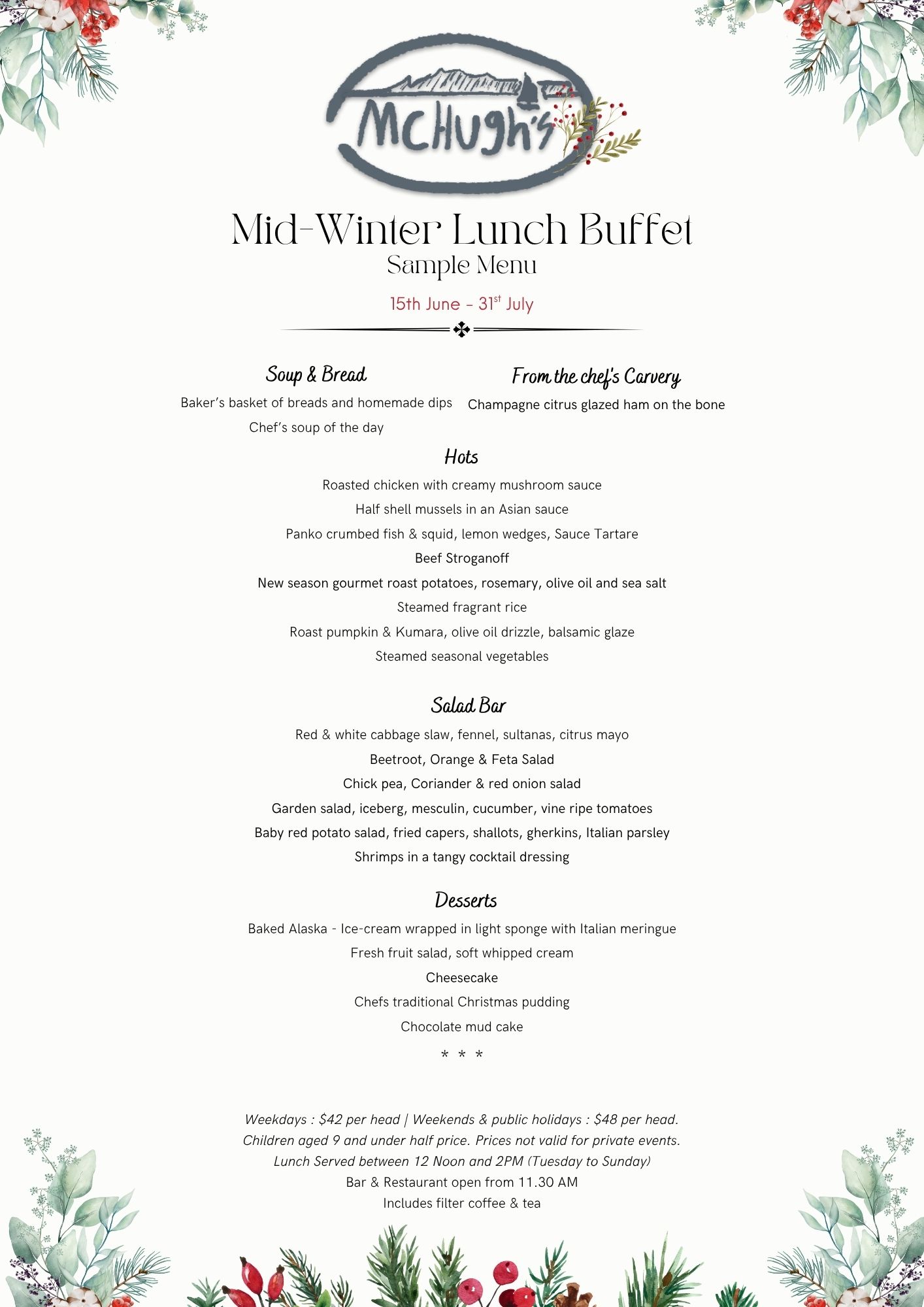 Mchughs Mid Winter Christmas Buffet Menu 2025