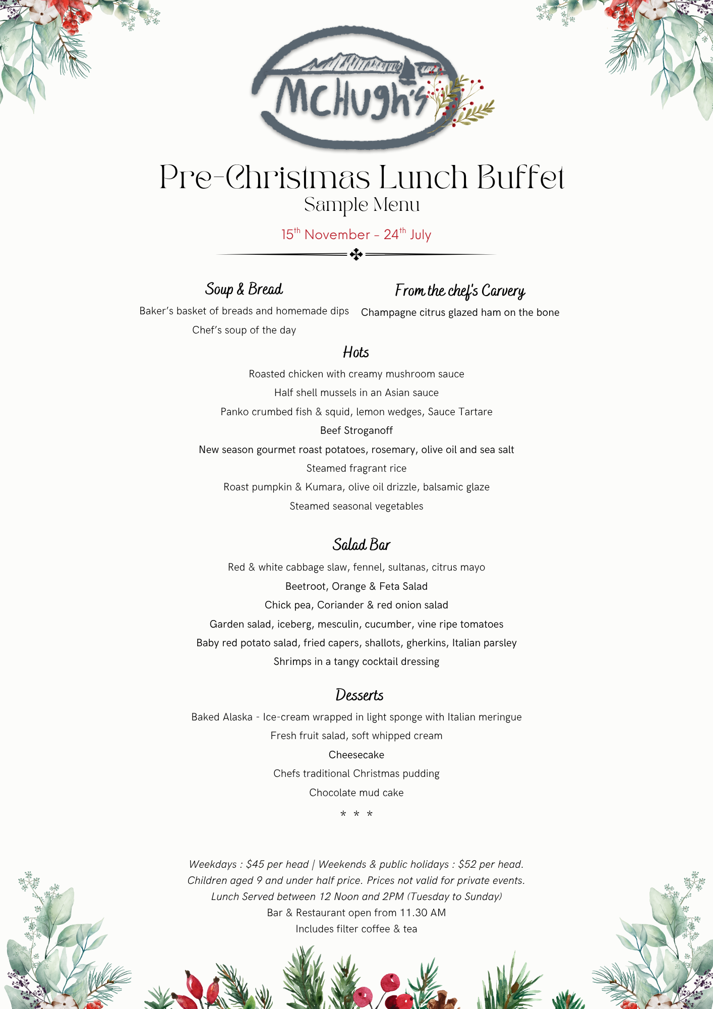 Mchughs Pre Christmas Buffet Menu 2025